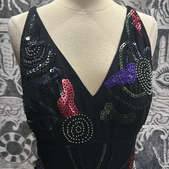 Marina black sequined beaded gown w side slit sexy glam prom gala - Picture 3 of 9